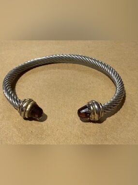 Silver-Tone Twisted Cable Cuff Bracelet with Brown purple  Gemstone Ends
